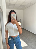 Biely elastický top s krátkym rukávom a gombíkmi | Alessia