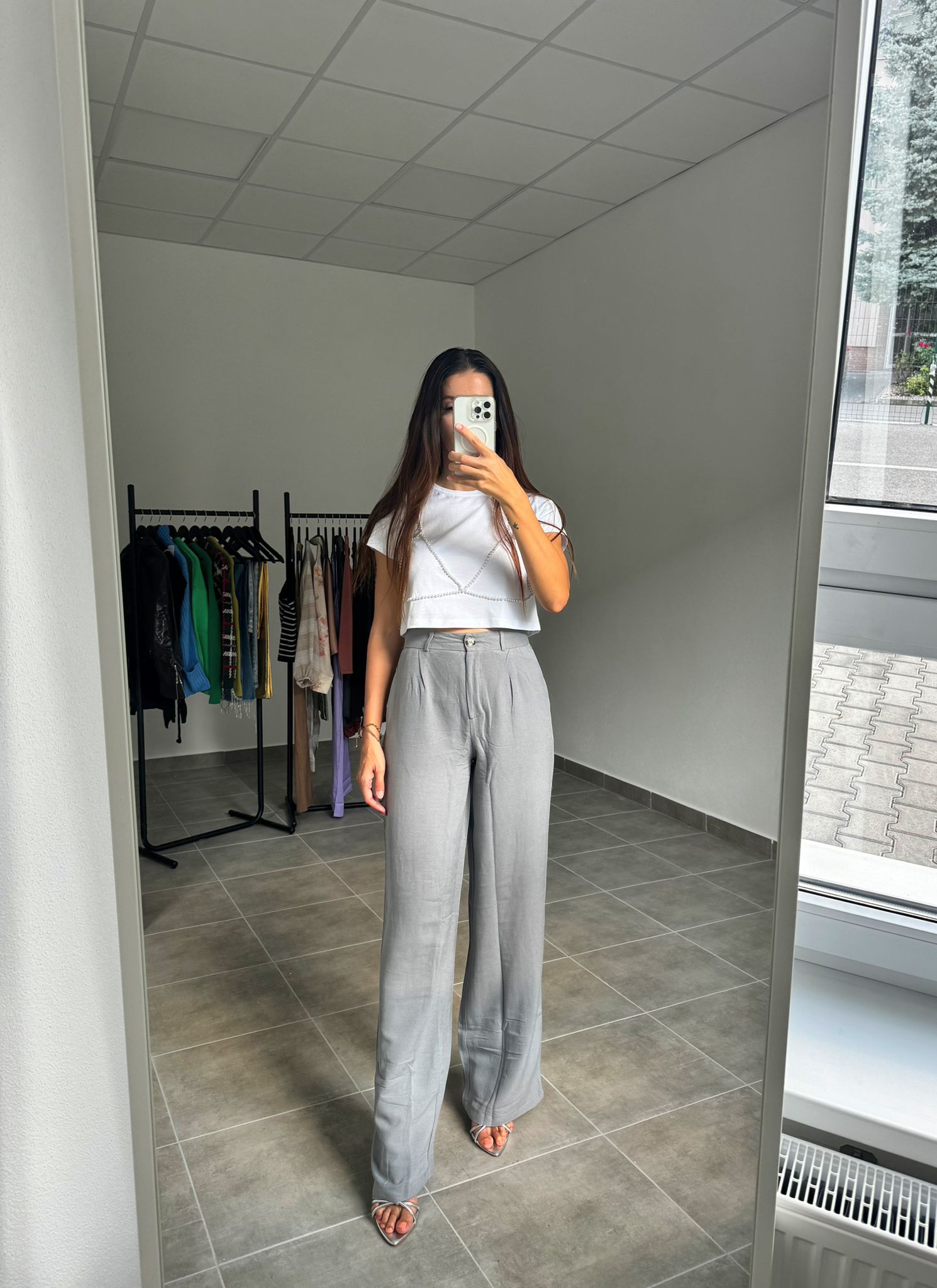 Sivé elegantné ľanové nohavice dámske | Greta