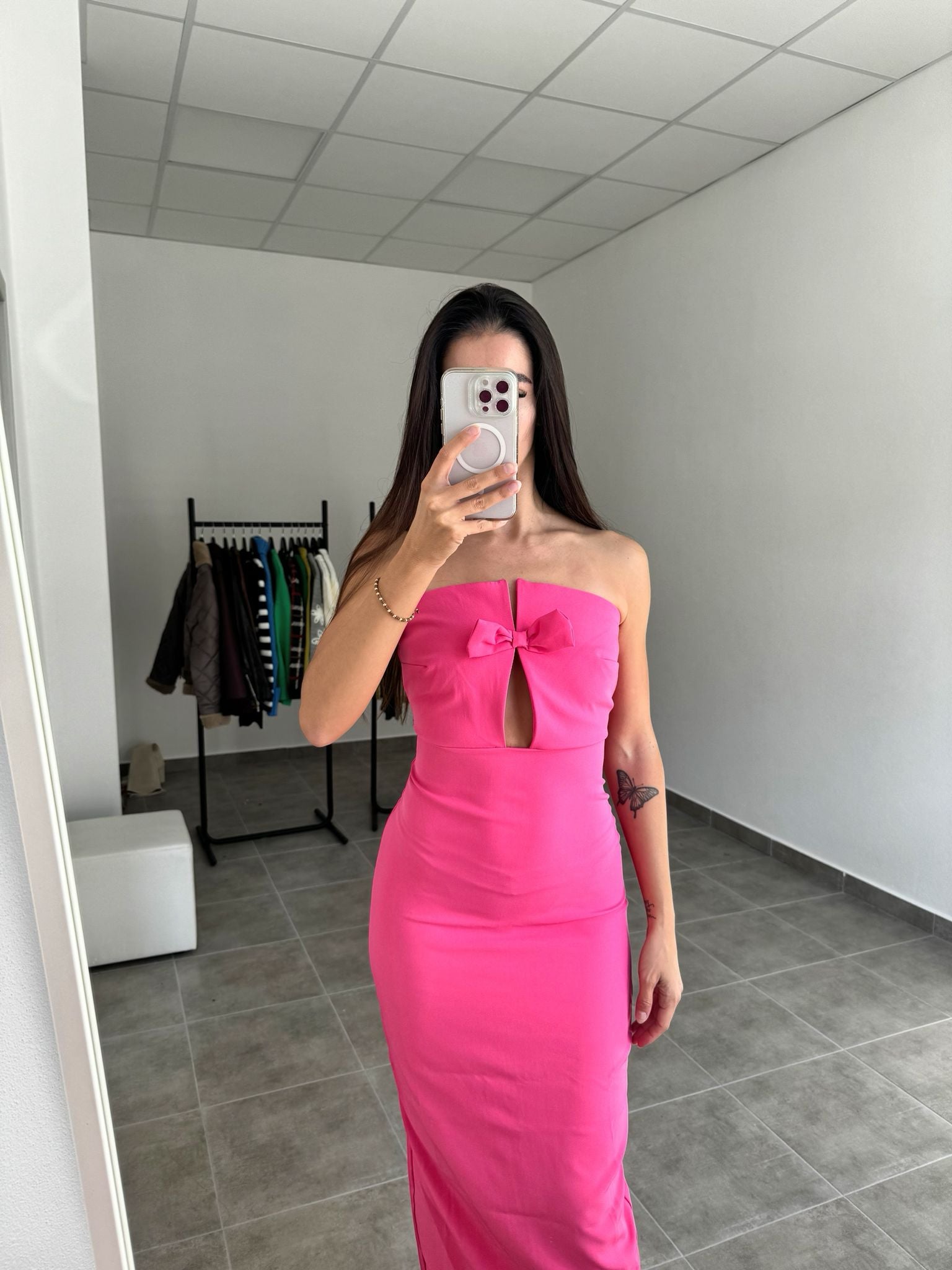 Ružové korzetové šaty bez ramienok s mašľou | Rosalie