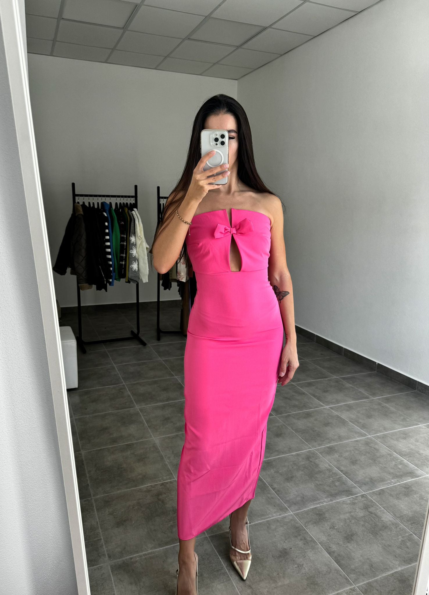 Ružové korzetové šaty bez ramienok s mašľou | Rosalie