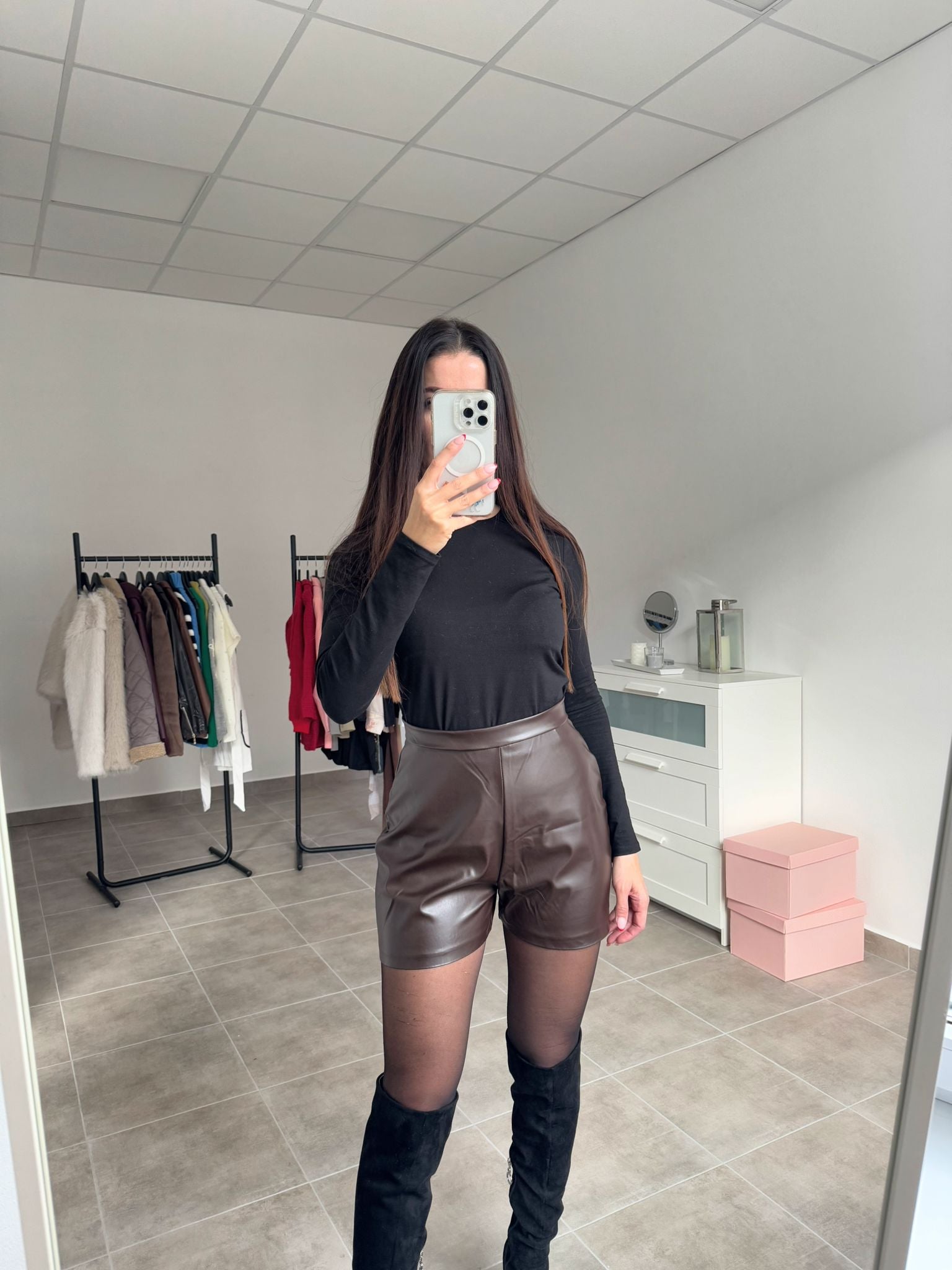 Kožené šortky tmavohnedé na zips | Brownie