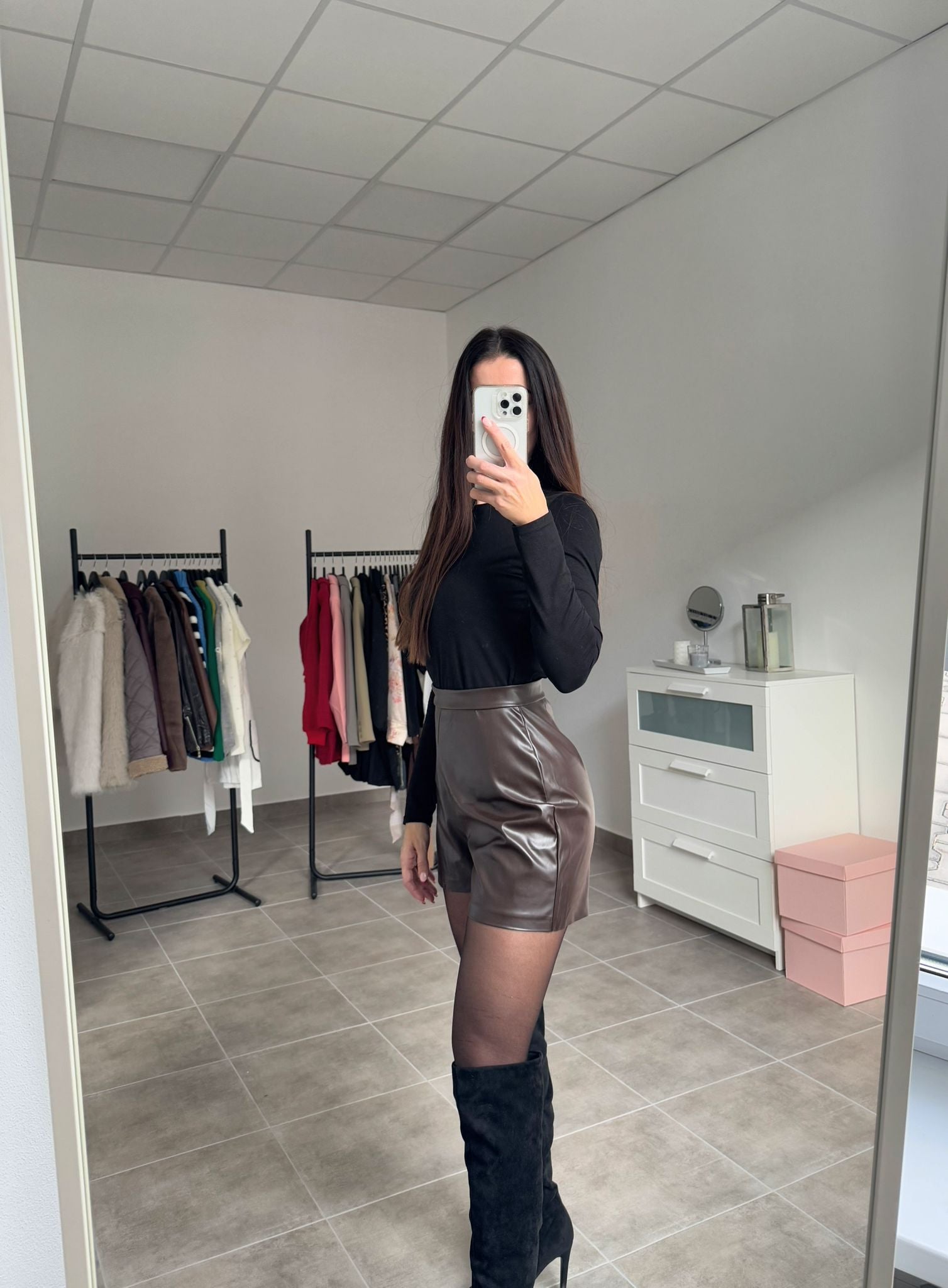 Kožené šortky tmavohnedé na zips | Brownie