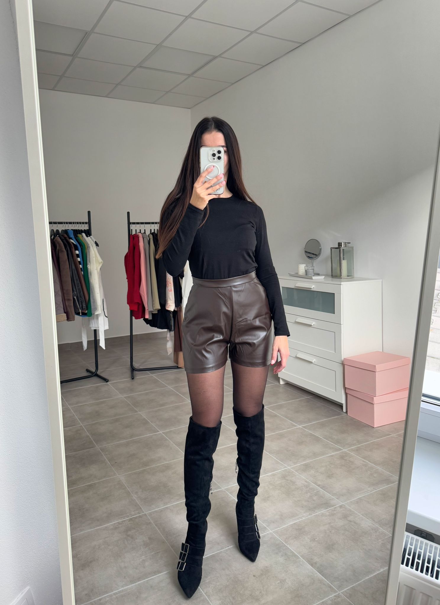 Kožené šortky tmavohnedé na zips | Brownie