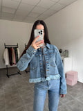 Džínsová bunda so štrasovými kamienkami a strapcami | Shiny Denim