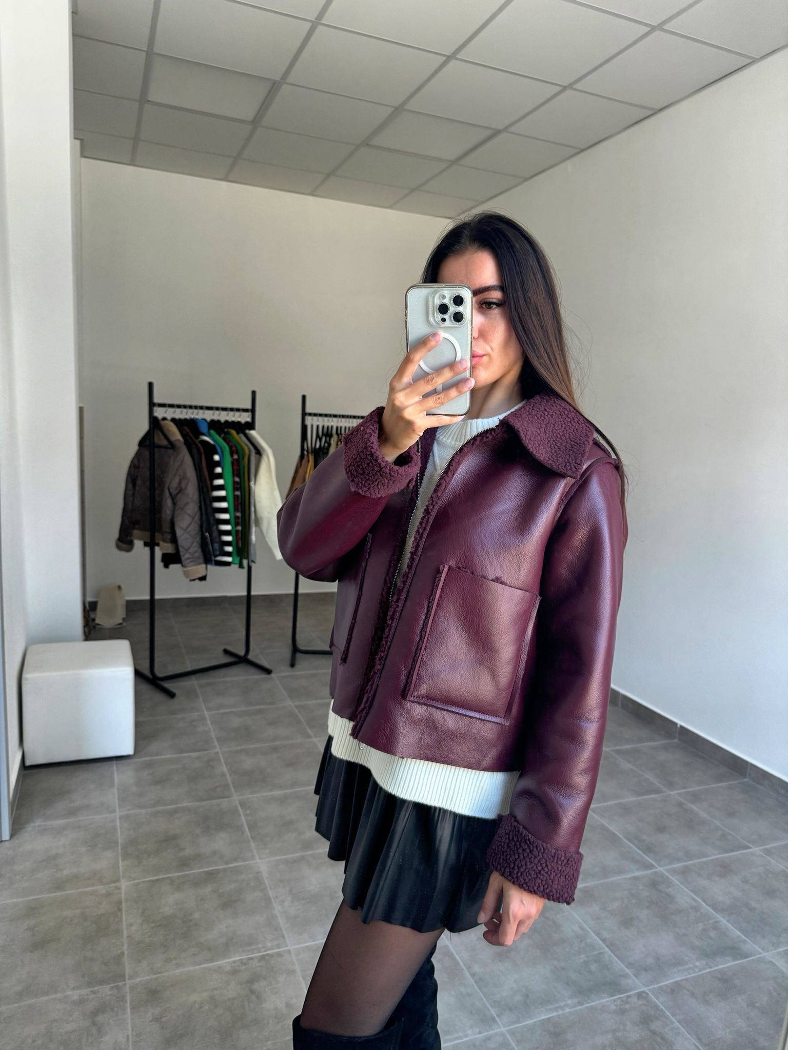 Bordová koženková bunda so zipsom | Bordeaux